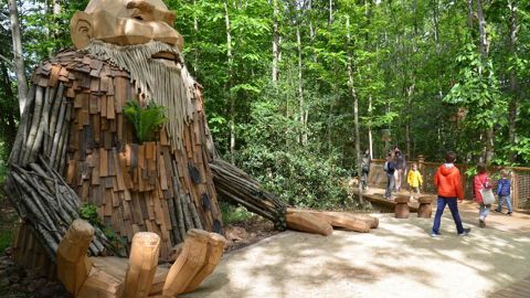 « Les Mystères de la forêt » s’étendent sur 7 000 m2 au milieu d’une forêt existante de 20 ha en périphérie des 12  ha du parc. Ici, le géant Robur livre ses secrets. © TB/Thierry Huguenin 